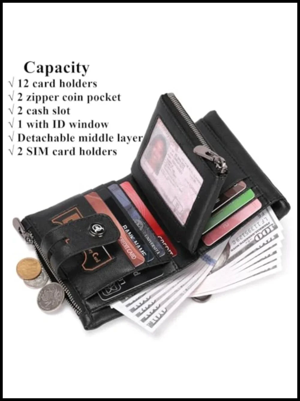 Men's Genuine Leather Bifold Wallet with Chain RFID Blocking Removable Zipper